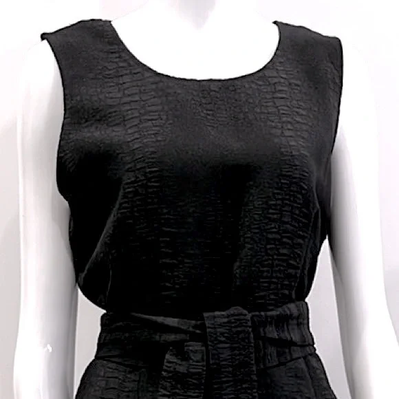 BASQUE Solid Jacquard, Black Pencil Dress. Office Wear, Midi, Tie Waistband. - Picture 2 of 7